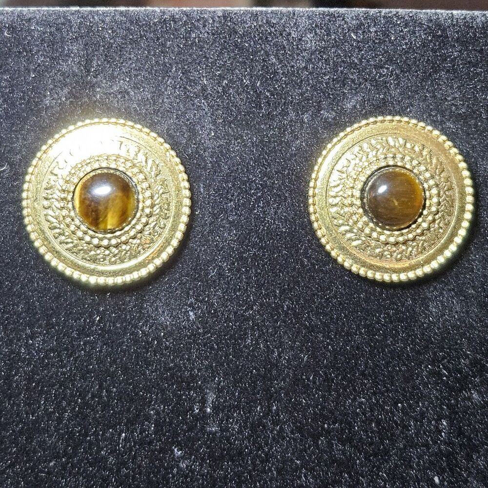 **Final Sale** Vintage 1928 Gold Tone Round Brown Tiger's Eye Earrings - Picture 4 of 12